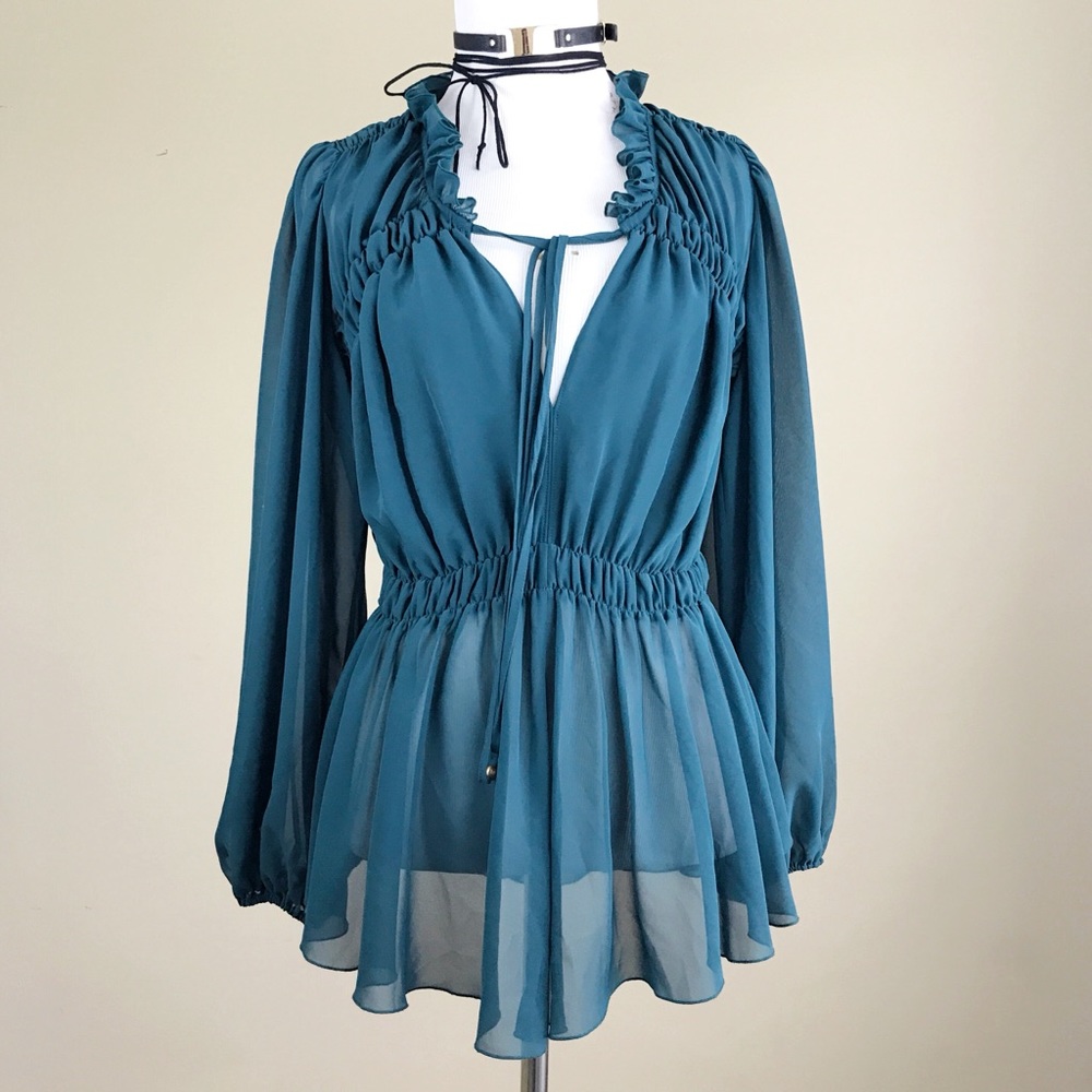 HEED  Sheer Ruffle Pleated Peasant Top Blouse